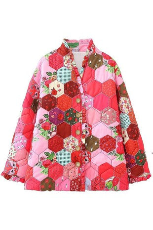 Honeycomb Print Button Down Quilted Jacket - Pink