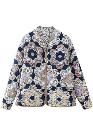 Honeycomb Print Reversible Quilted Jacket - Navy