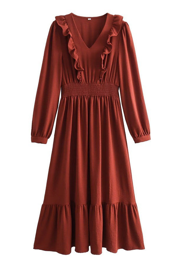 Solid Long Sleeve Ruffle V-Neck Dress