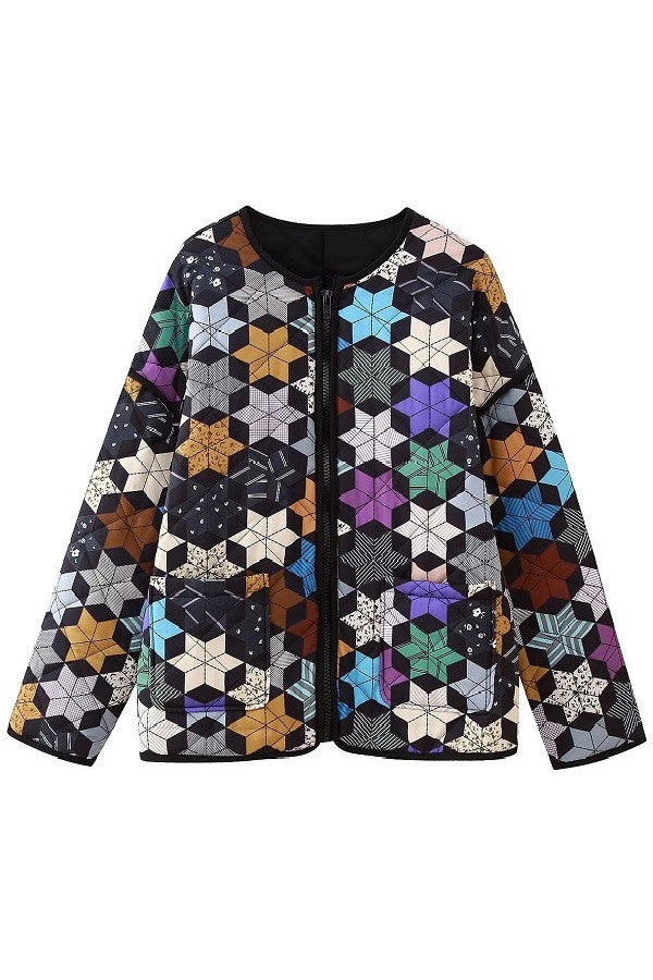 Geometric Front Zipper Quilted Jacket
