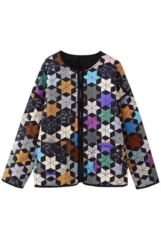 Geometric Front Zipper Quilted Jacket