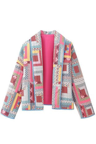 Patchwork Print Shawl Collar Quilted Jackets