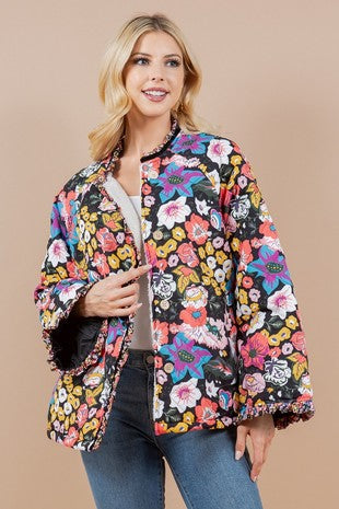 Floral Print Quilted Button Jacket - Black