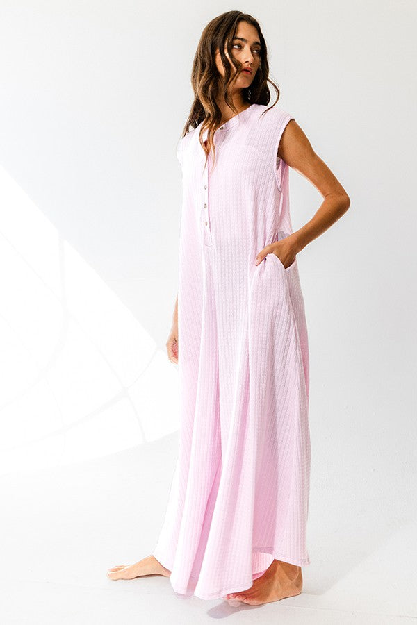 Wide Leg Solid Textured Knit Jumpsuit - Pink