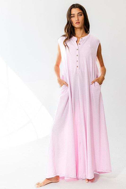 Wide Leg Solid Textured Knit Jumpsuit - Pink