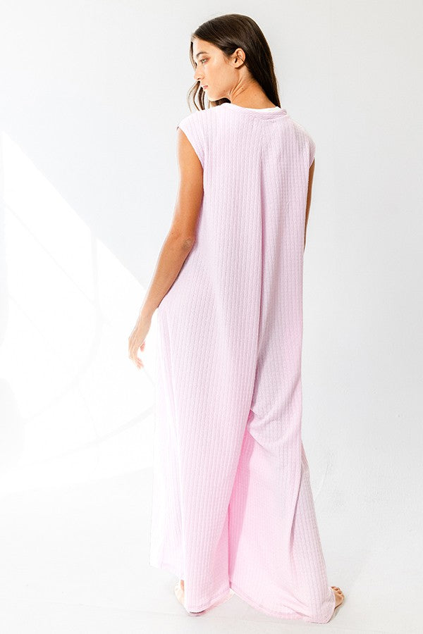 Wide Leg Solid Textured Knit Jumpsuit - Pink