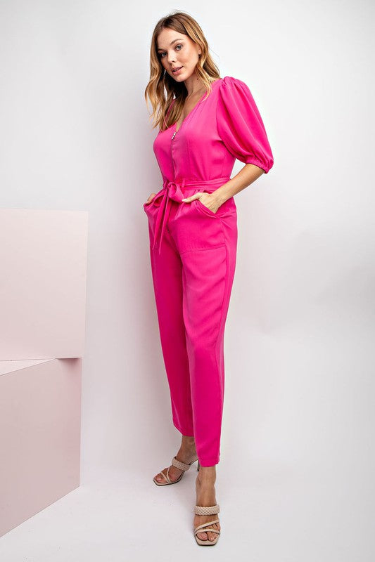 Solid V-Neck Jumpsuit - Hot Pink