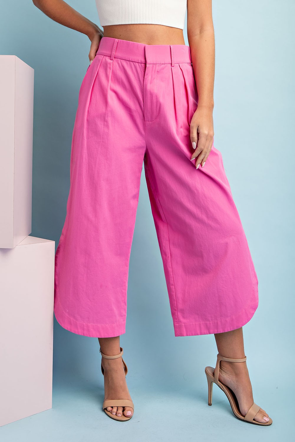 Solid Cropped Pants - Pink