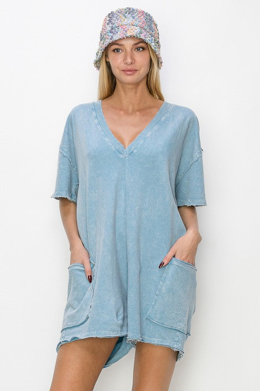 Mineral Wash Reversible Romper - Light Denim Blue