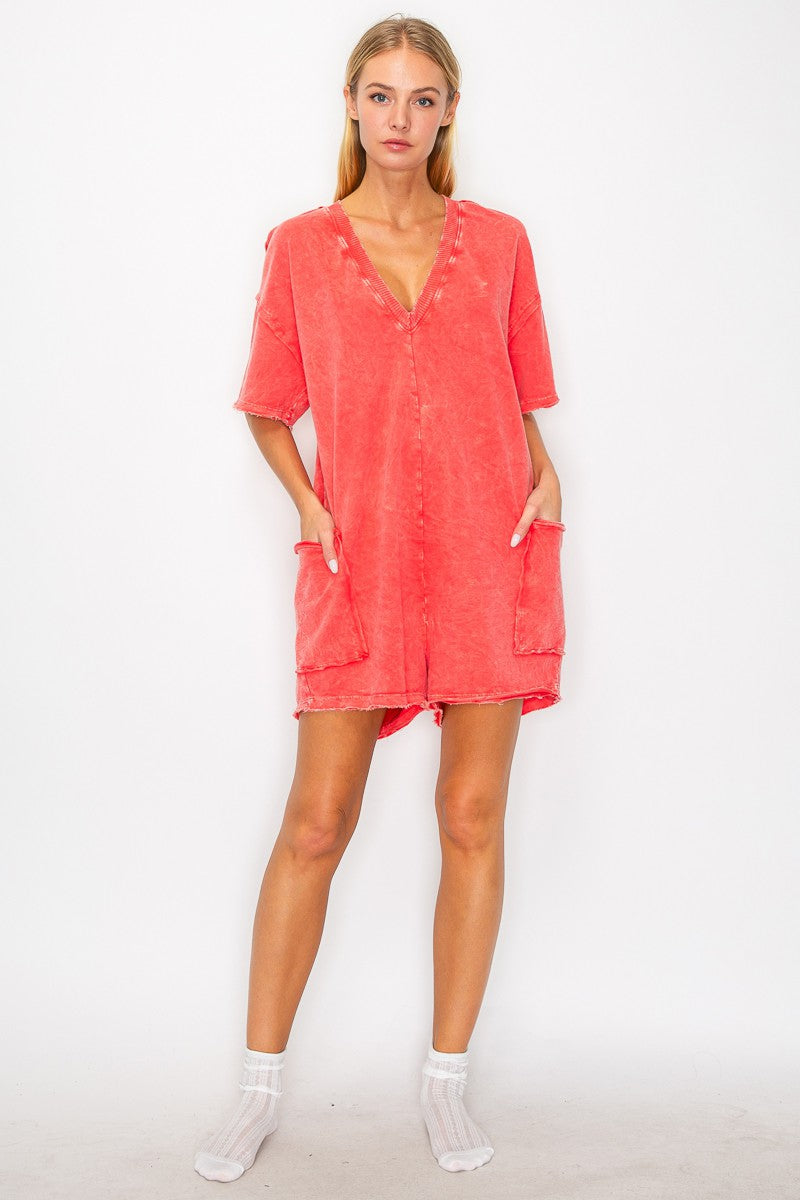 Mineral Wash Reversible Romper - Red