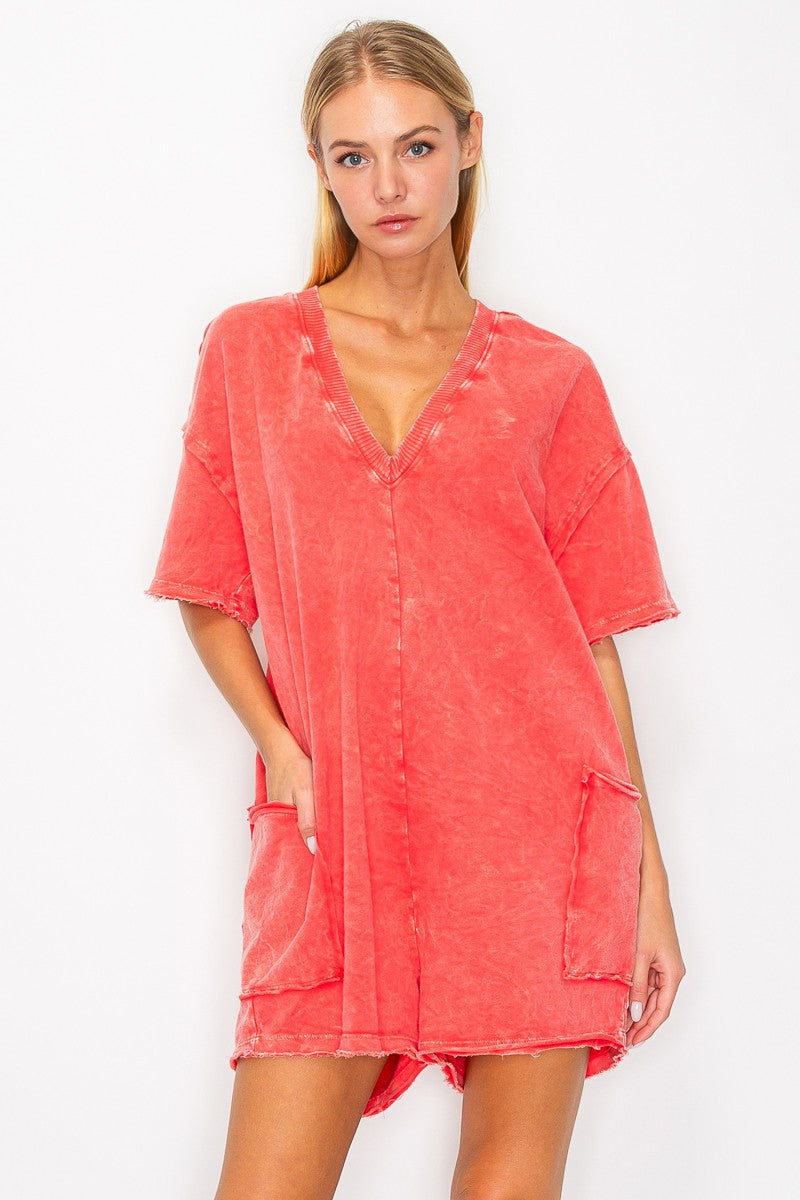 Mineral Wash Reversible Romper - Red