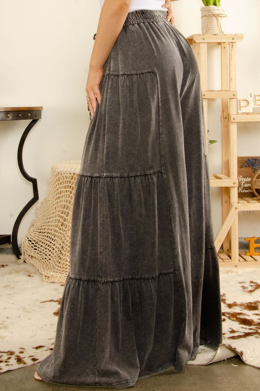 Mineral Washed Multi Tiered Boho Wide Leg Pants