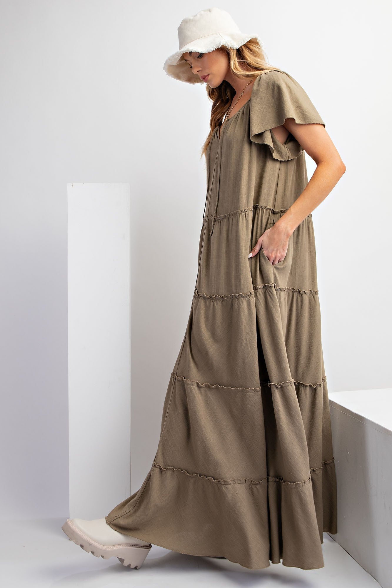 Linen Soft Washed Tiered Maxi Dress - Ash Olive