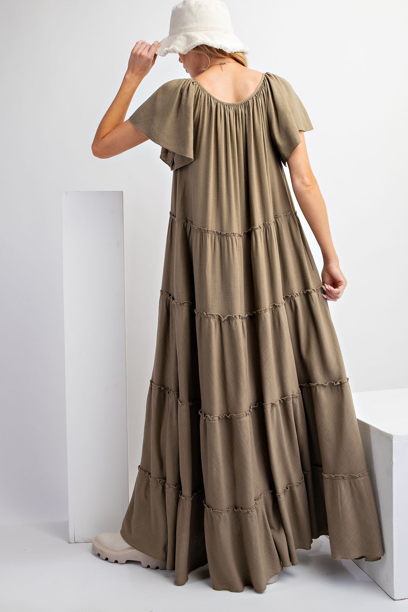 Linen Soft Washed Tiered Maxi Dress - Ash Olive