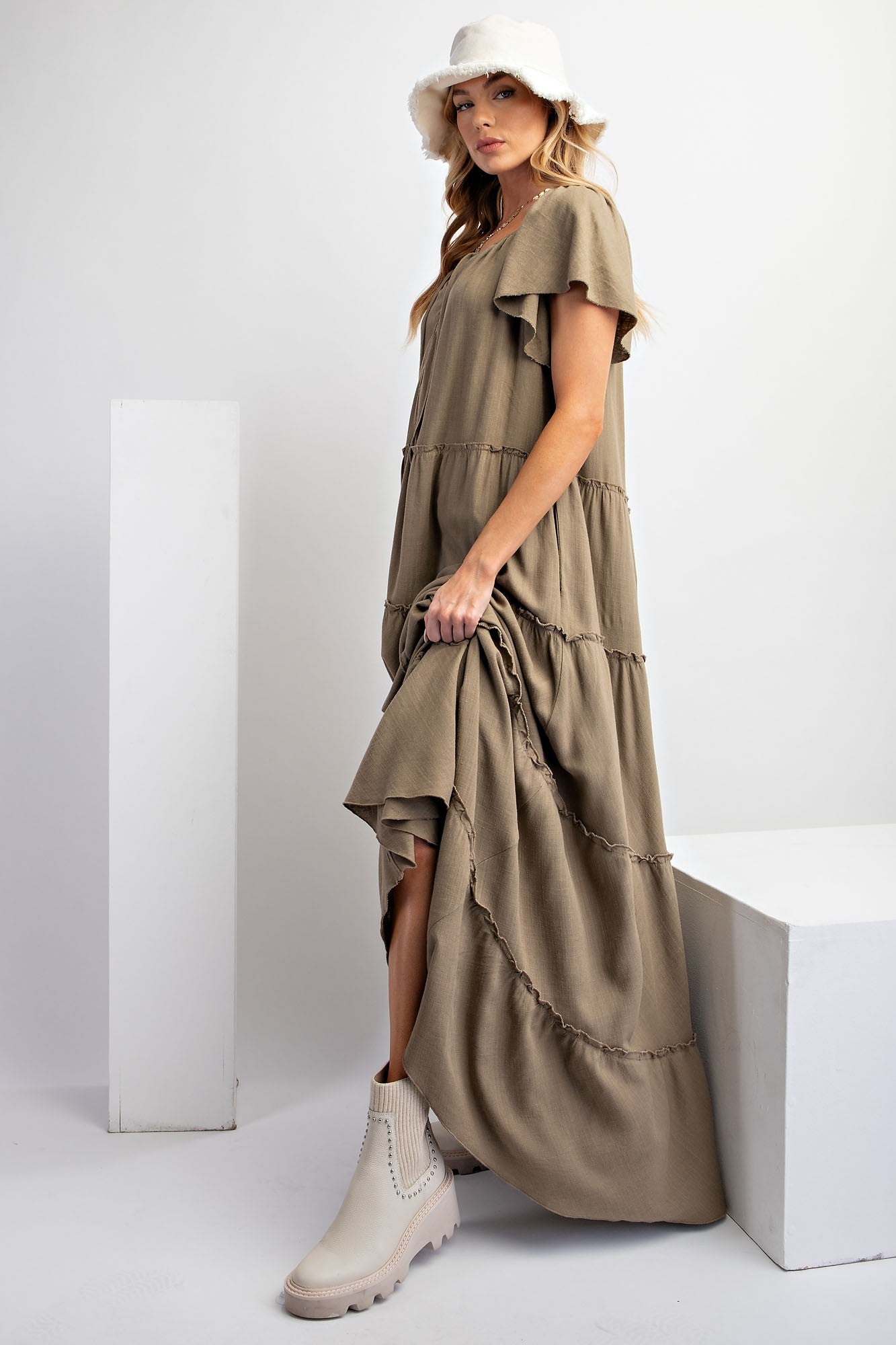 Linen Soft Washed Tiered Maxi Dress - Ash Olive