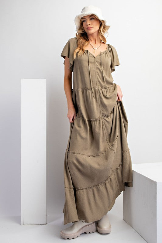 Linen Soft Washed Tiered Maxi Dress - Ash Olive