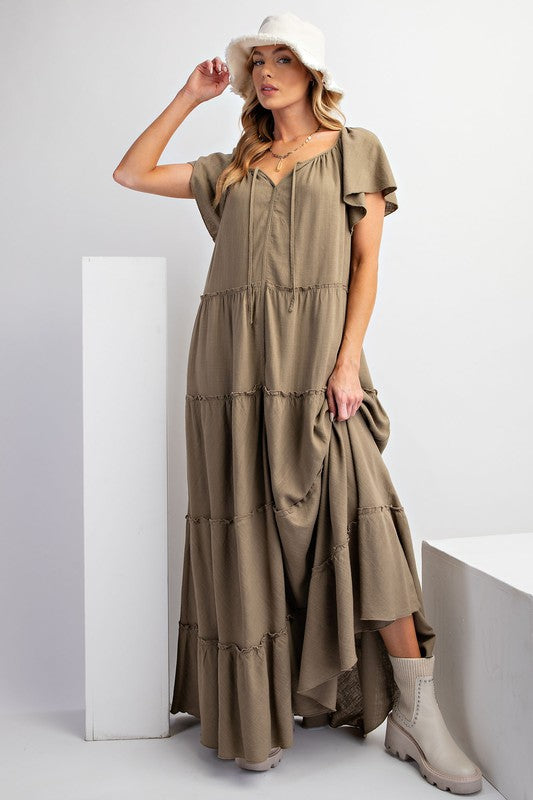 Linen Soft Washed Tiered Maxi Dress - Ash Olive