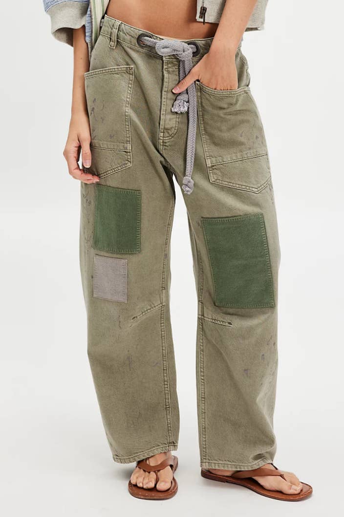 Braided Drawstring Patchwork Barrel Jeans