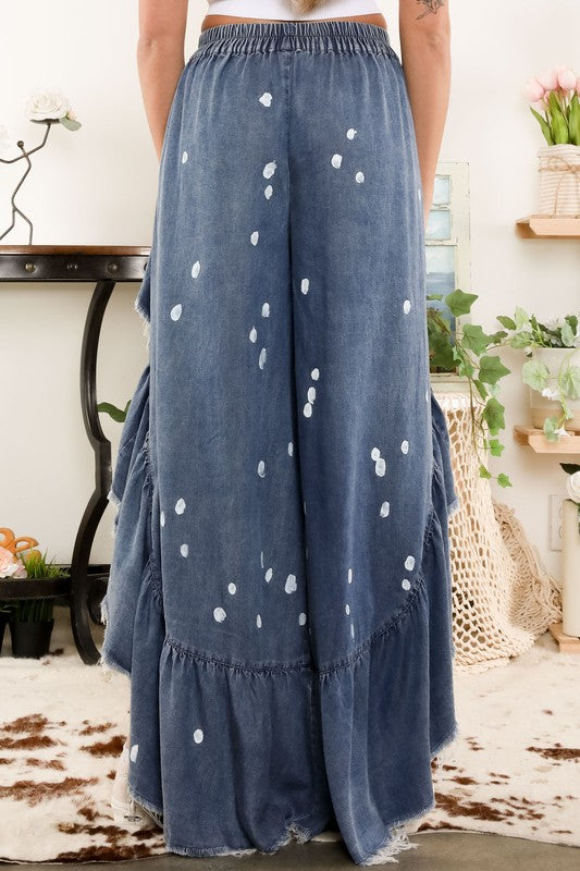 Tencel Paint Splash Flare Elastic Waist Pants