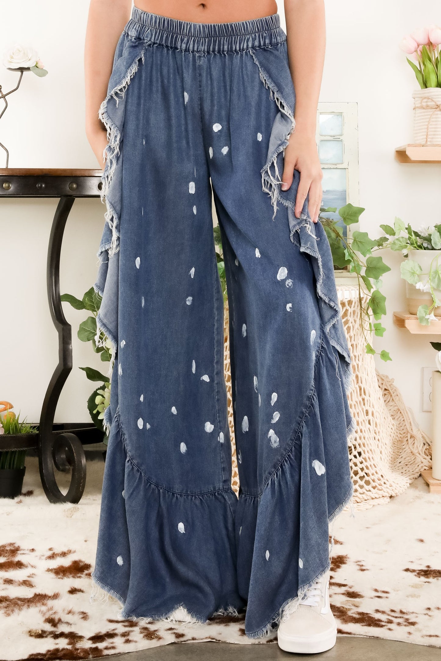 Tencel Paint Splash Flare Elastic Waist Pants