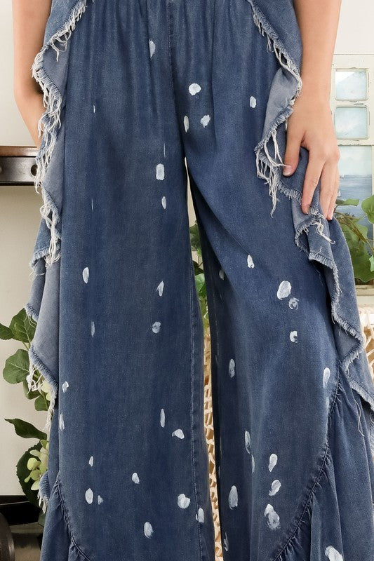 Tencel Paint Splash Flare Elastic Waist Pants