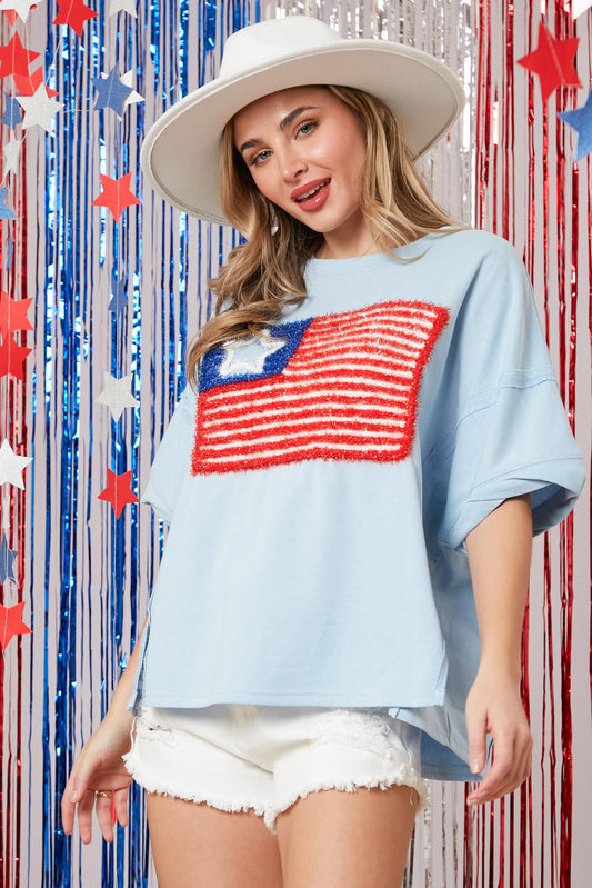 USA Flag Lurex Embroidery Tee - Light Blue