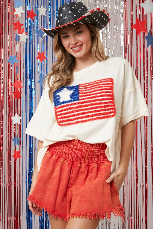 USA Flag Lurex Embroidery Tee - Off White