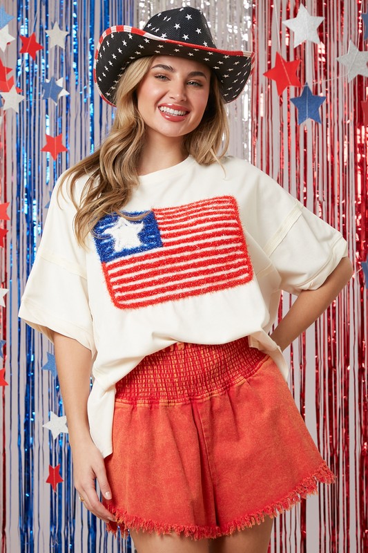 USA Flag Lurex Embroidery Tee - Off White
