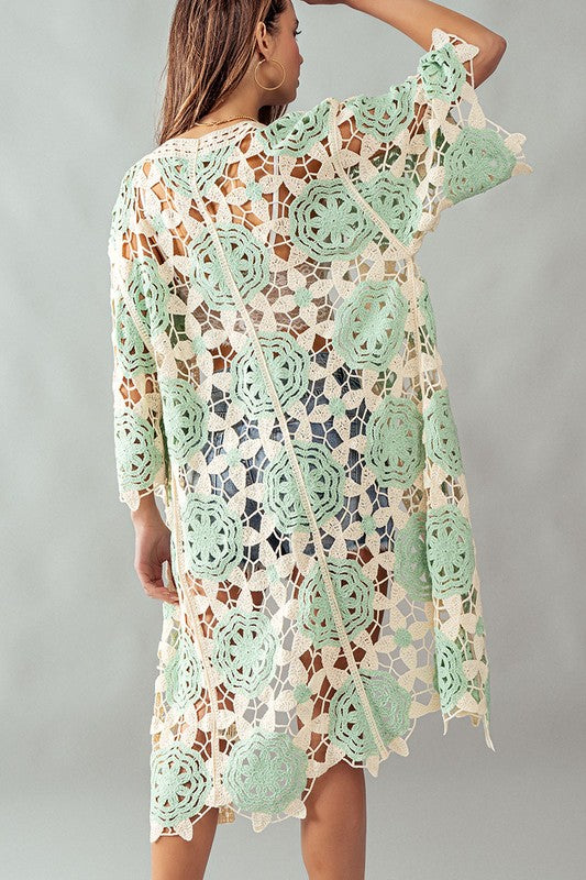 Crochet Floral Knit Long Cardigan - Mint