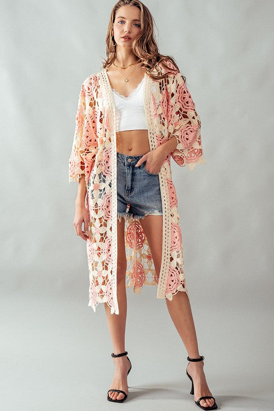 Crochet Floral Knit Long Cardigan - Pink