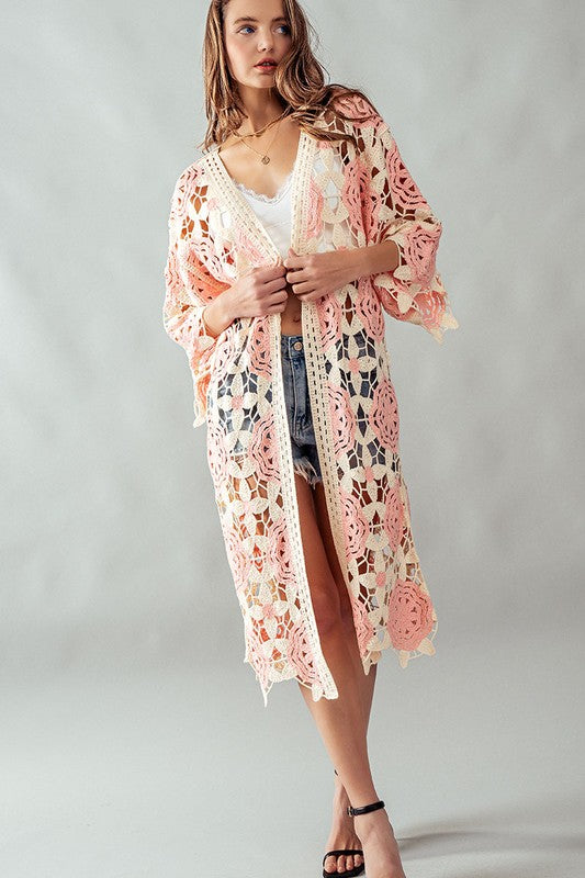 Crochet Floral Knit Long Cardigan - Pink