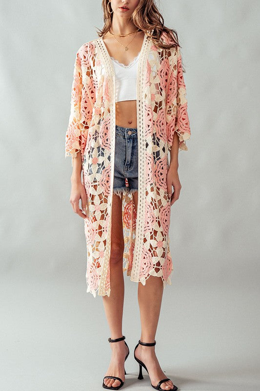 Crochet Floral Knit Long Cardigan - Pink