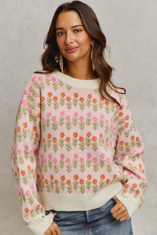 Flower Patterned Loose Fit Sweater