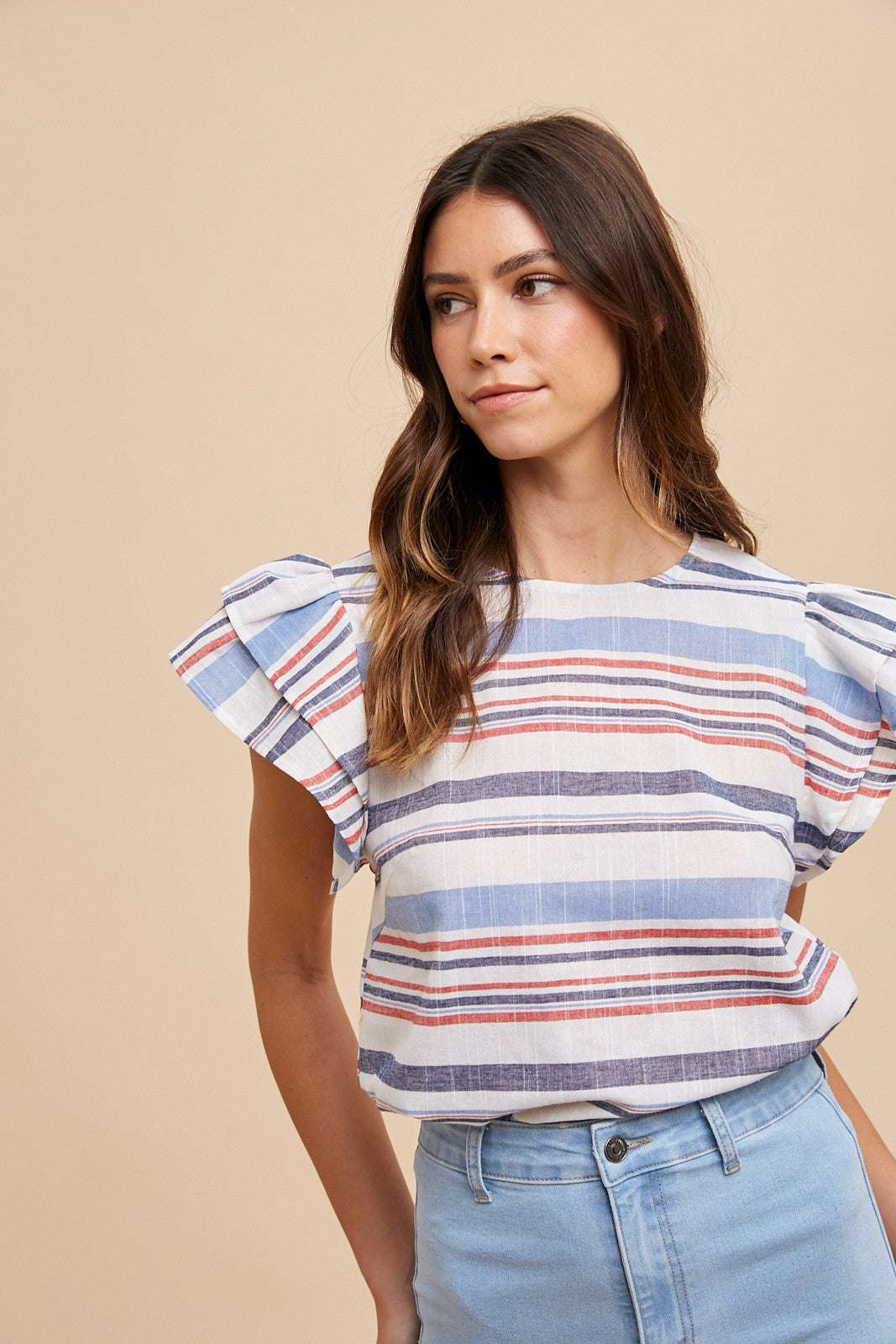 Red White And Blue Striped Ruffle Sleeve Top