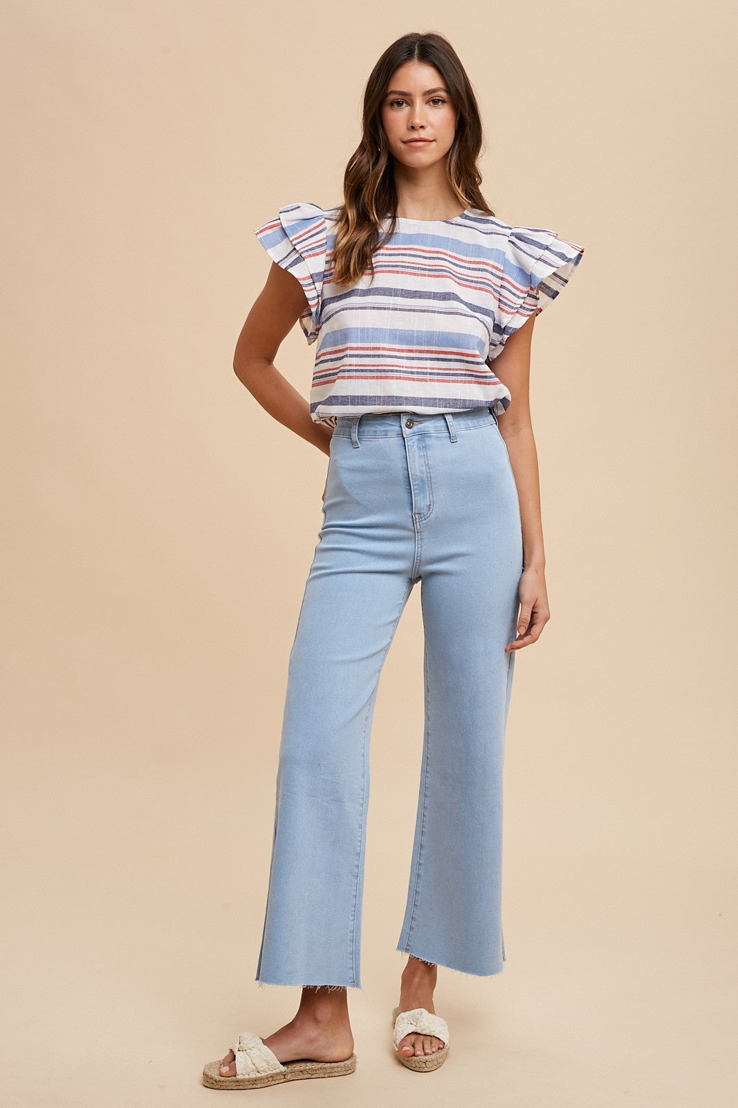 Red White And Blue Striped Ruffle Sleeve Top