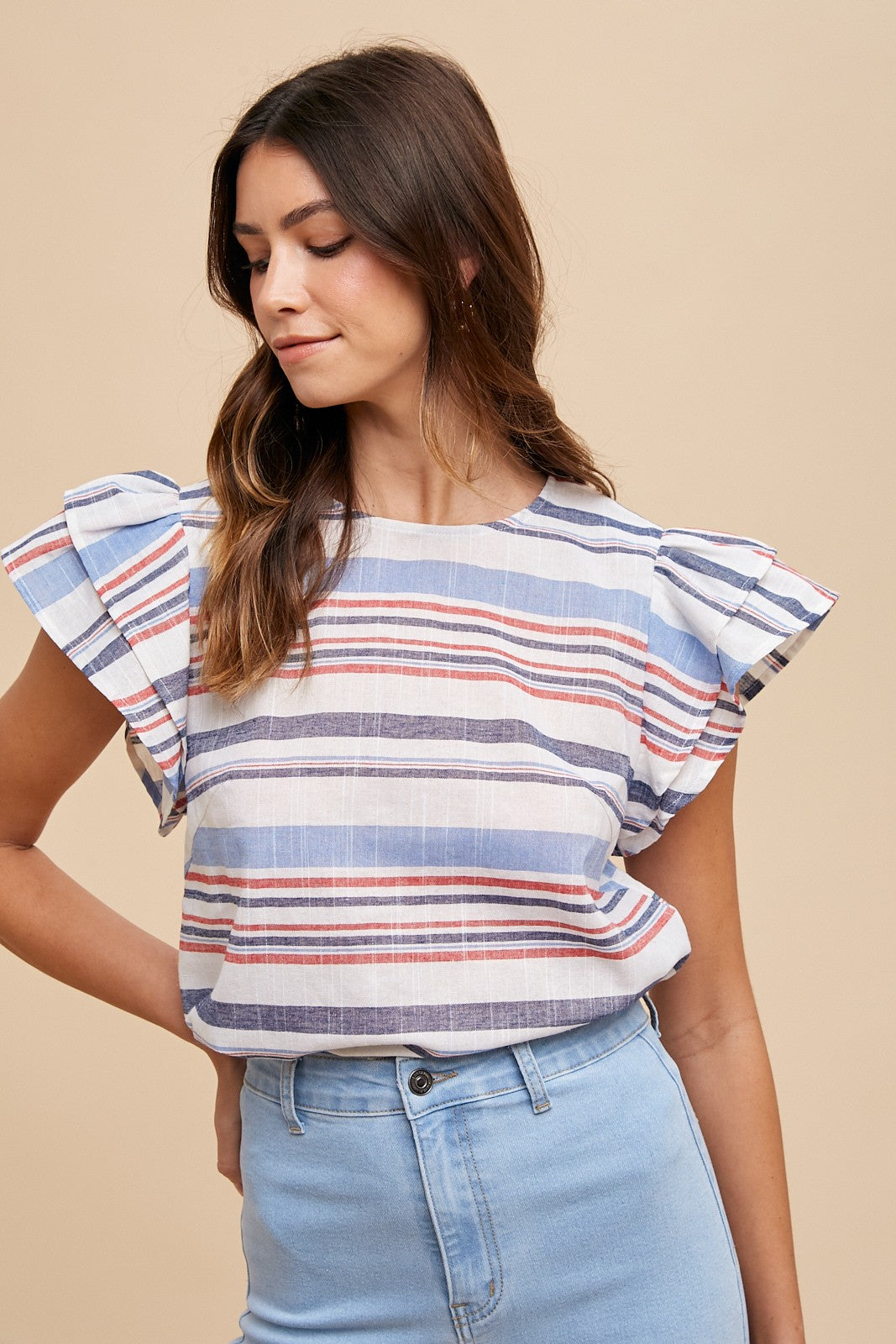 Red White And Blue Striped Ruffle Sleeve Top
