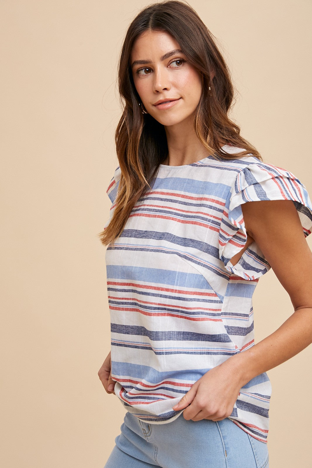 Red White And Blue Striped Ruffle Sleeve Top