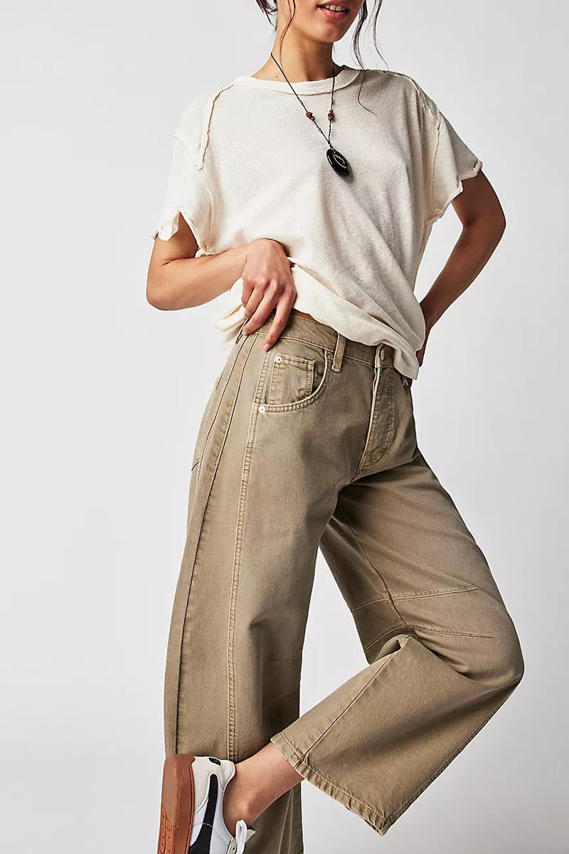 Mid Rise Barrel Jeans - Khaki