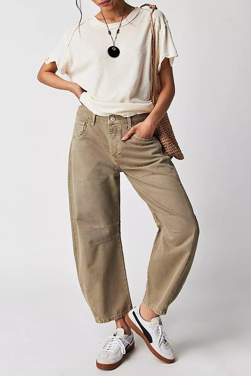 Mid Rise Barrel Jeans - Khaki