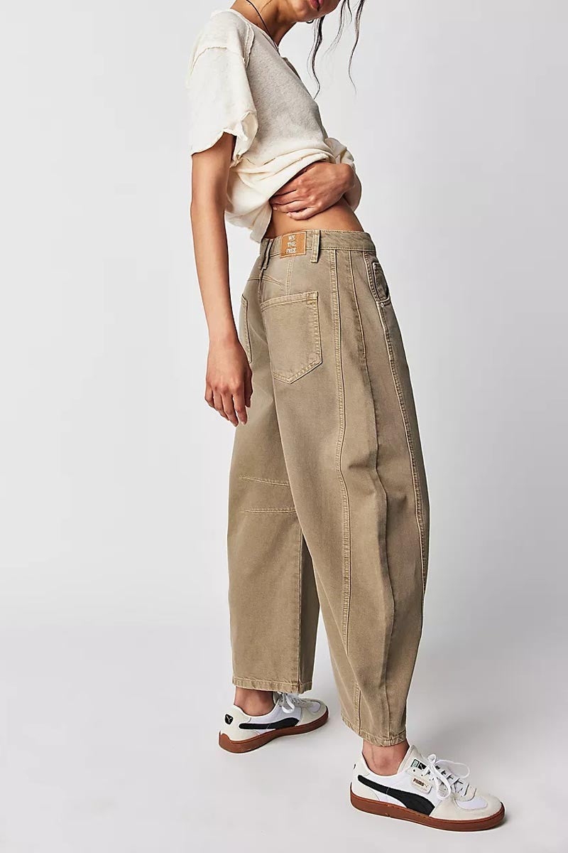 Mid Rise Barrel Jeans - Khaki