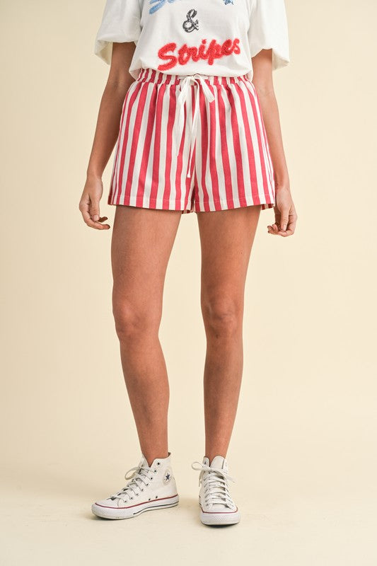 4th of July Striped Cotton Twill Mini Shorts - Red