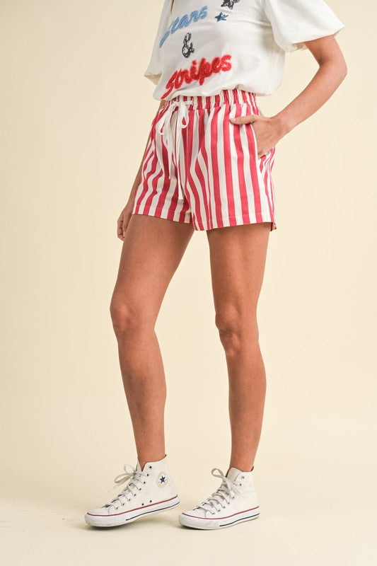 4th of July Striped Cotton Twill Mini Shorts - Red