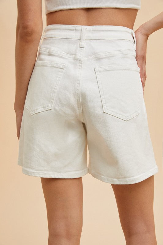 Stretch Denim High Waist Bermuda Mom Shorts - White