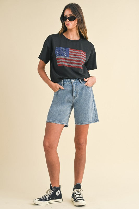 Stretch Denim High Waist Bermuda Mom Shorts - Medium