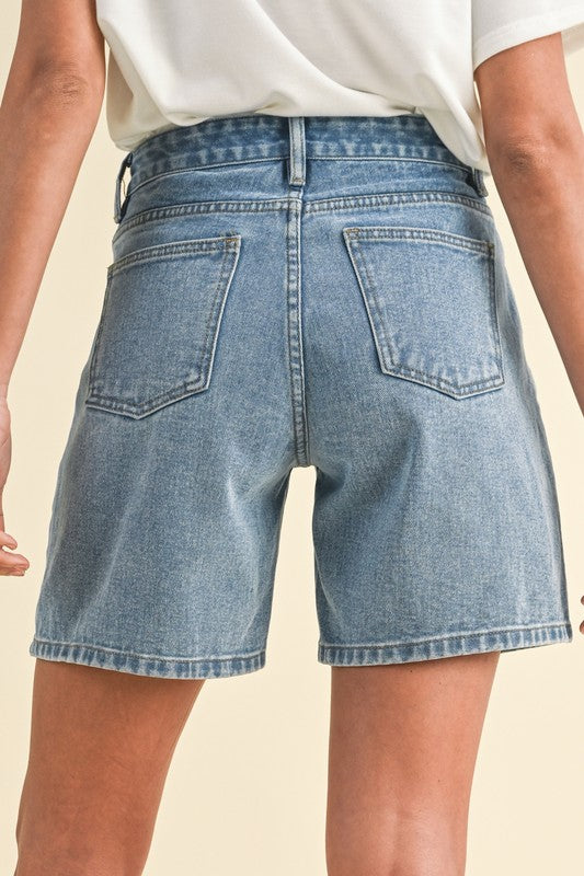 Stretch Denim High Waist Bermuda Mom Shorts - Medium