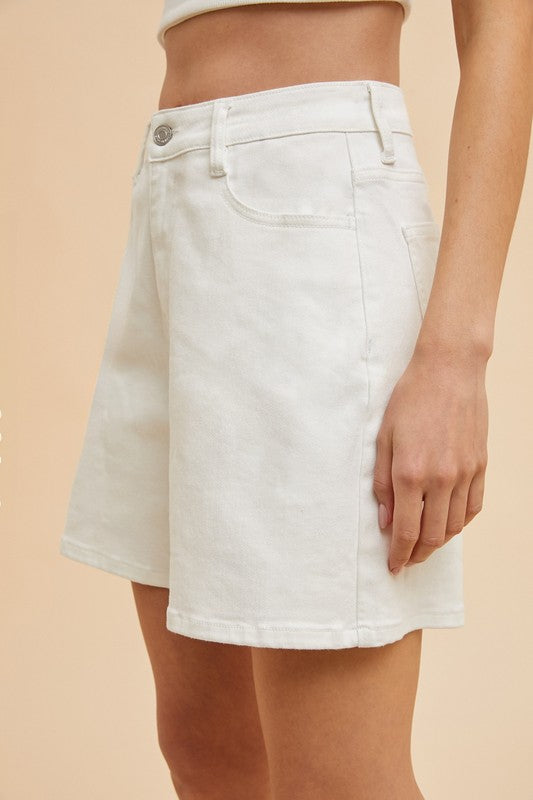 Stretch Denim High Waist Bermuda Mom Shorts - White