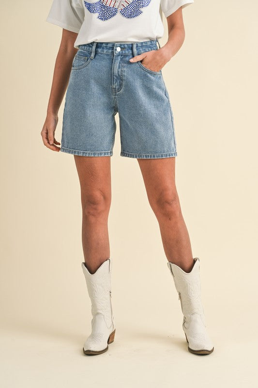 Stretch Denim High Waist Bermuda Mom Shorts - Medium