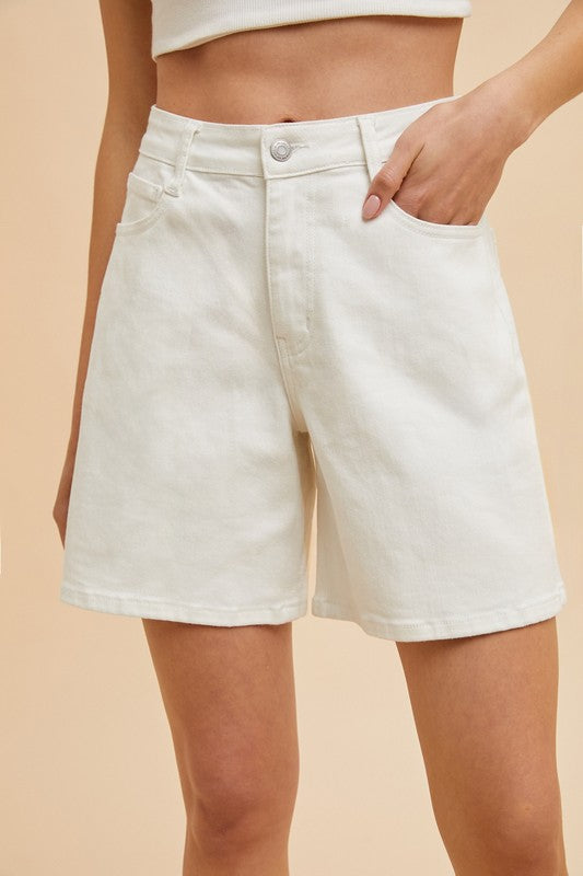 Stretch Denim High Waist Bermuda Mom Shorts - White