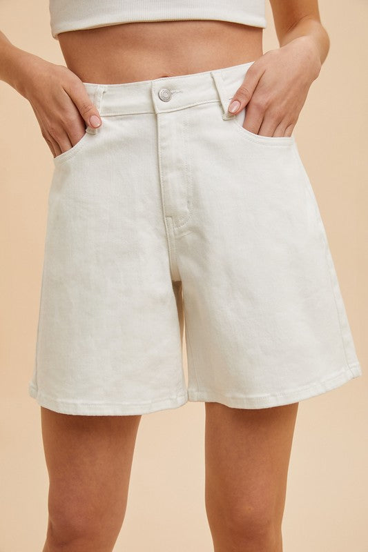 Stretch Denim High Waist Bermuda Mom Shorts - White