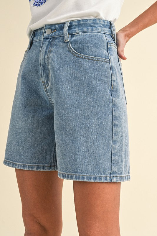 Stretch Denim High Waist Bermuda Mom Shorts - Medium